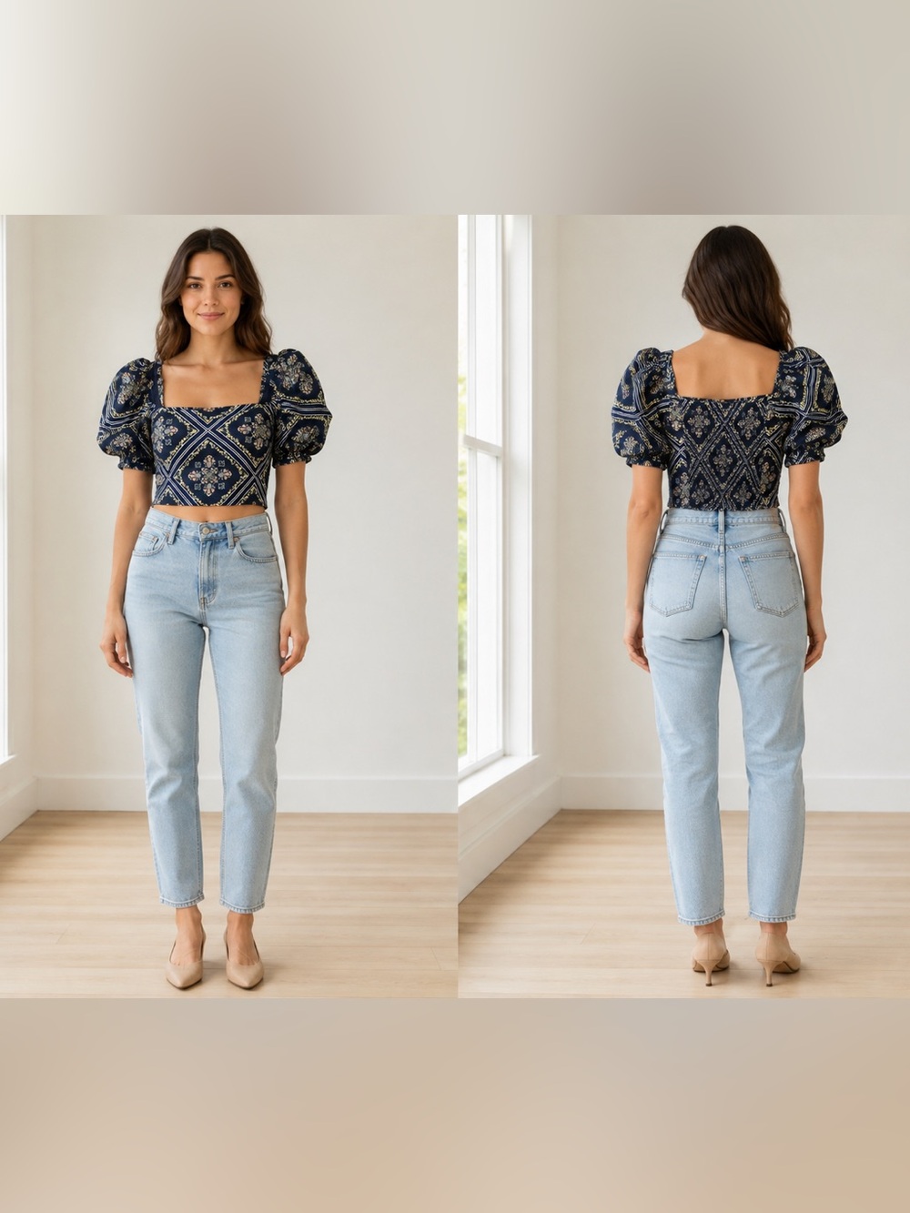LOFT Petite XLP Navy Floral Bandana-Print Puff Sleeve Crop Top Smocked Backing